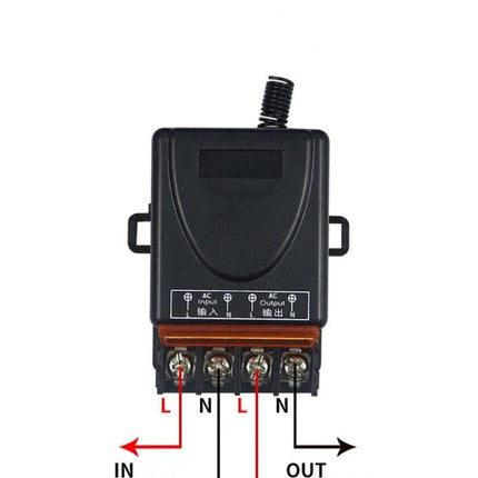 Industrial Wireless Remote Controller for Lifter Operation - black wireless remote module with labeled IN OUT L N terminals