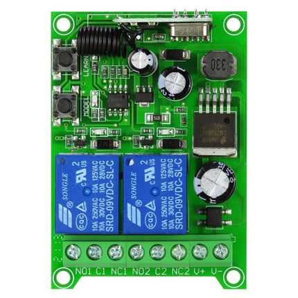 Universal Wireless Remote Control for Electric Door Systems circuit board showing relays, capacitors, and terminals for garage door and gate control