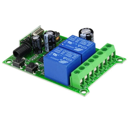Universal Wireless Remote Control for Electric Door Systems - green circuit relay receiver board with blue relays and terminal block