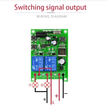 Universal Wireless Remote Control for Electric Door Systems showing green relay circuit board wiring diagram and switching signal output