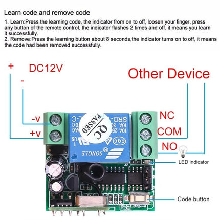 Wireless RF One-Channel Remote Control Switch for Devices labeled DC12V wiring, NC COM NO terminals, LED indicator and code button