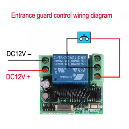 Wireless RF One-Channel Remote Control Switch for Devices - DC12V wiring diagram showing 315/433MHz relay and terminal connections