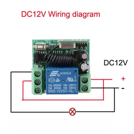 Wireless RF One-Channel Remote Control Switch for Devices DC12V wiring diagram showing relay module connections and antenna