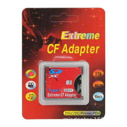 SD Card to Compact Flash Adapter for Cameras and Devices in retail blister pack showing red Extreme CF Adapter product