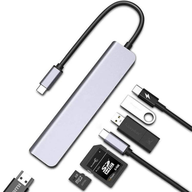 USB C Multiport Hub for Expanding Laptop Connections with HDMI connecting laptop to HDMI monitor, PD charging and SD card reading