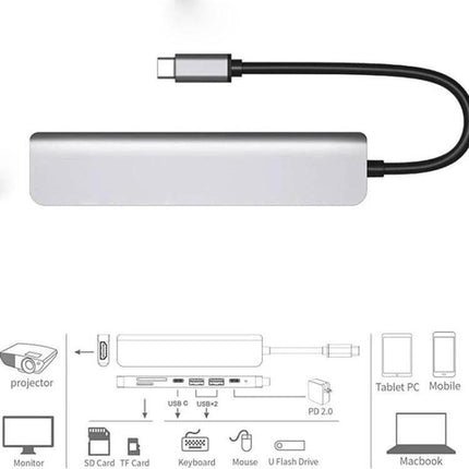 USB C Multiport Hub for Expanding Laptop Connections with HDMI — silver multiport adapter with HDMI, SD/TF, USB-A, PD charging cable