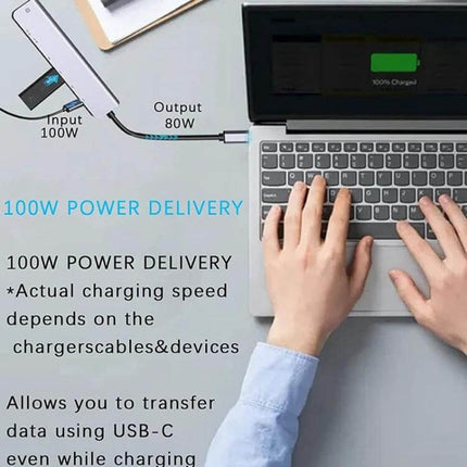 USB C Multiport Hub for Expanding Laptop Connections with HDMI connected to laptop showing 100W power delivery and 4K HDMI external monitor