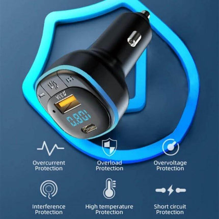 In Car USB Type C Charger For Quick Phone Charging compact FM transmitter car adapter with digital display and USB‑C 5V 3.1A charging