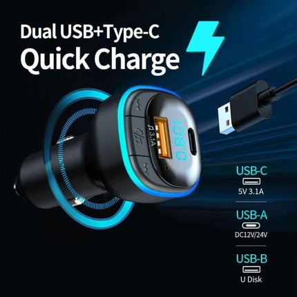 In Car USB Type C Charger For Quick Phone Charging compact FM transmitter with USB-C 5V 3.1A and USB-A ports for car charging and music streaming