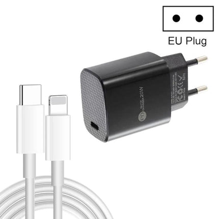 Compact USB-C Charger and Cable for Everyday Device Powering - black EU plug USB-C PD wall charger with white USB-C to Lightning cable