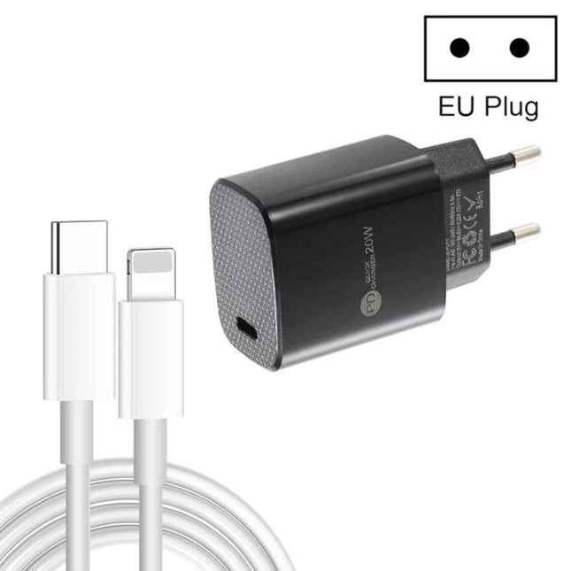 Compact USB-C Charger and Cable for Everyday Device Powering - black EU plug USB-C PD wall charger with white USB-C to Lightning cable