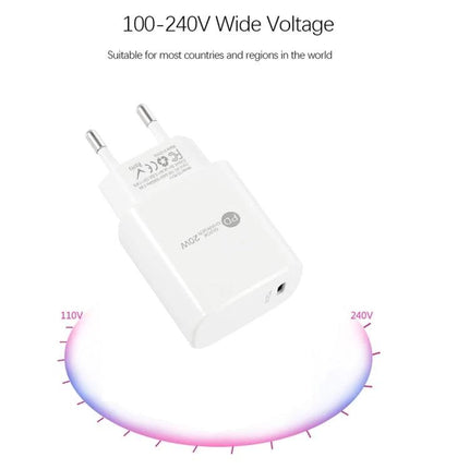 Compact USB-C Charger and Cable for Everyday Device Powering - compact white 20W USB-C wall charger with wide 100-240V compatibility
