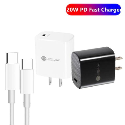 Compact USB-C Charger with Cable for Daily Device Powering - white and black 20W PD USB-C wall chargers with USB-C cable