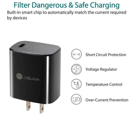 Compact USB-C Charger with Cable for Daily Device Powering - black 20W PD wall adapter with safety features (short circuit, voltage regulator, temp control)