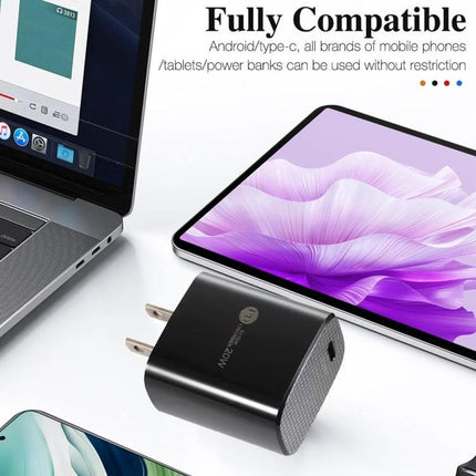 Compact USB-C Charger with Cable for Daily Device Powering shown beside laptop and tablet for quick on-the-go charging