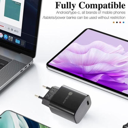 Compact USB-C Charger and Cable for Daily Device Use – compact PD3.0 wall charger and USB-C cable shown with laptop, tablet, and phone for commuting and travel