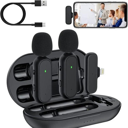 ATEngeus Microphones for Daily Video Calls and Recording wireless dual lavalier set with two transmitters, receiver and charging case for iOS video calls and vlogs