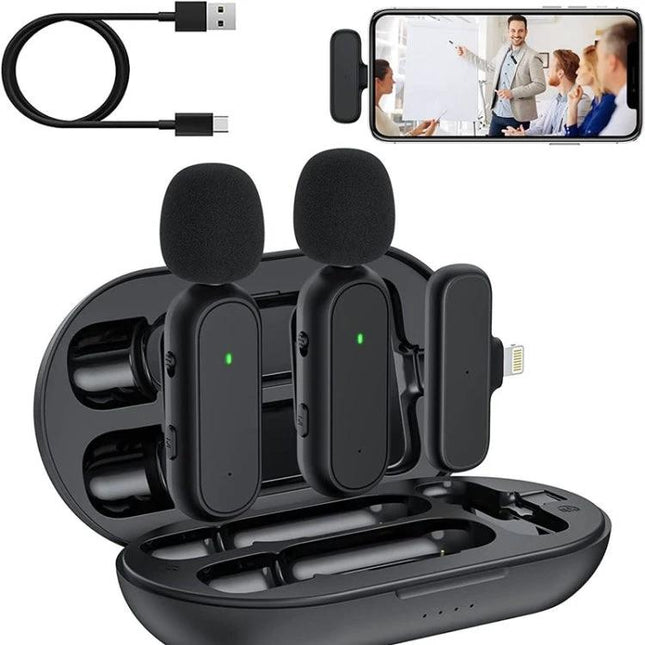 ATEngeus Microphones for Daily Video Calls and Recording wireless dual lavalier set with two transmitters, receiver and charging case for iOS video calls and vlogs