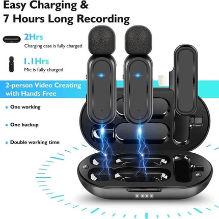 ATEngeus Microphones for Daily Video Calls and Recording wireless dual-transmitter lavalier kit showing charging case and two mics