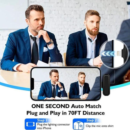 ATEngeus Microphones for Daily Video Calls and Recording wireless lavalier dual-transmitter kit showing two men in meeting and phone plug-and-play setup