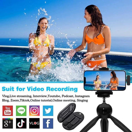 ATEngeus Microphones for Daily Video Calls and Recording wireless lavalier kit shown recording two people at pool with phone on tripod