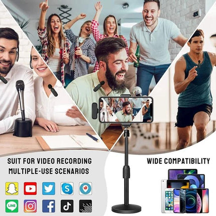 ATEngeus Microphones for Daily Video Calls and Recording wireless lavalier kit showing dual transmitters, receiver and smartphone setup for vlogs and interviews