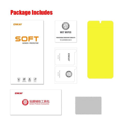 Enkay Soft Hydrogel Screen Protector for Huawei Nova 9 SE 5G package contents showing protector, wipes, installation tools and cloth