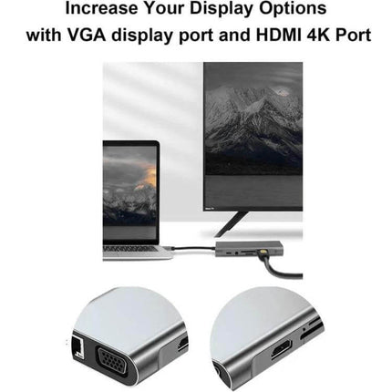 USB C Hub for Connecting Devices to Laptops and Computers with 11-in-1 ports showing VGA, HDMI 4K and Ethernet connections