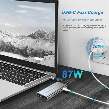 USB C Hub for Connecting Devices to Laptops and Computers 11-in-1 silver hub showing 87W USB-C fast charge to laptop