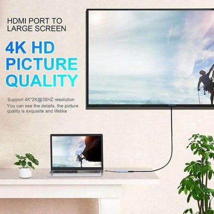 USB C Hub for Connecting Devices to Laptops and Computers shown linking a laptop to a 4K TV via HDMI for high‑resolution display and peripherals