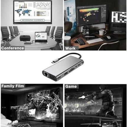 USB C Hub for Connecting Devices to Laptops and Computers — 11-in-1 portable adapter with HDMI, VGA, Ethernet and USB ports for conference, work, gaming