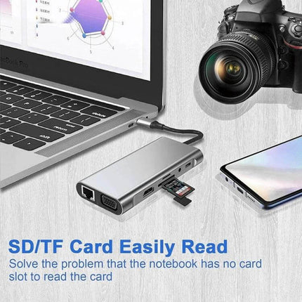 USB C Hub for Connecting Devices to Laptops and Computers - 11-in-1 silver hub with SD/TF card slot, HDMI, Ethernet shown connected to laptop and camera