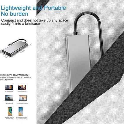 USB C Hub for Connecting Devices to Laptops and Computers slim 11-in-1 portable aluminum hub shown in briefcase pocket