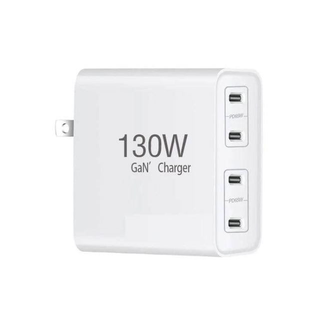 Versatile 4-Port USB-C Charger for Notebooks and Devices white 130W GaN portable wall charger with three USB-C ports