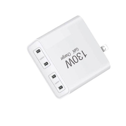 Versatile 4-Port USB-C Charger for Notebooks and Devices white 130W compact wall charger with four USB‑C ports for laptop and phone