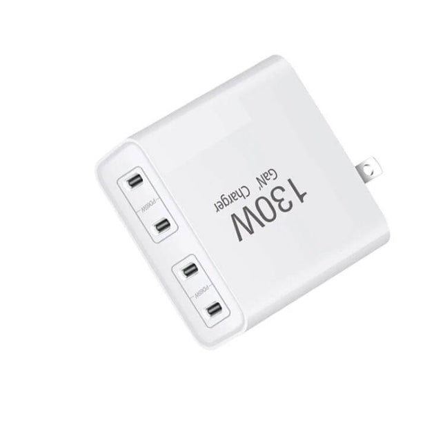Versatile 4-Port USB-C Charger for Notebooks and Devices white 130W compact wall charger with four USB‑C ports for laptop and phone