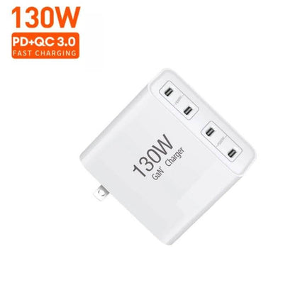Versatile 4-Port USB-C Charger for Notebooks and Devices white 130W GaN wall charger with three USB-C ports for laptops phones tablets