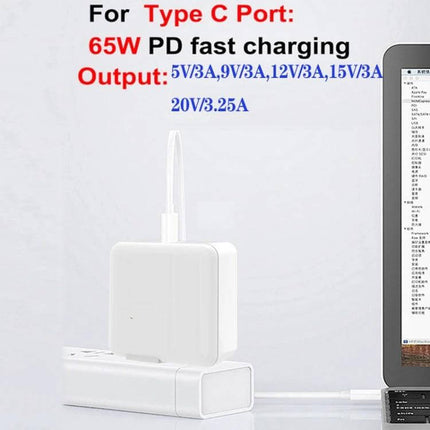 Versatile 4-Port USB-C Charger for Notebooks and Devices showing 65W PD fast charging plugged into power strip with laptop nearby