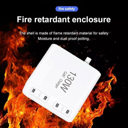 Versatile 4-Port USB-C Charger for Notebooks and Devices white 130W fire retardant enclosure shown with flames