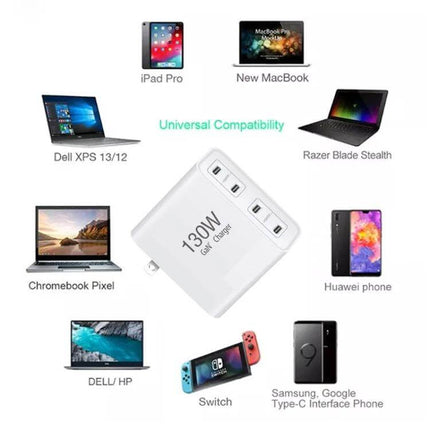 Versatile 4-Port USB-C Charger for Notebooks and Devices shown charging laptops, tablets and phones (130W, 65W per port)