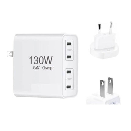 Versatile 4-Port USB-C Charger for Notebooks and Devices - 130W GaN compact travel charger with interchangeable plugs and three USB-C ports