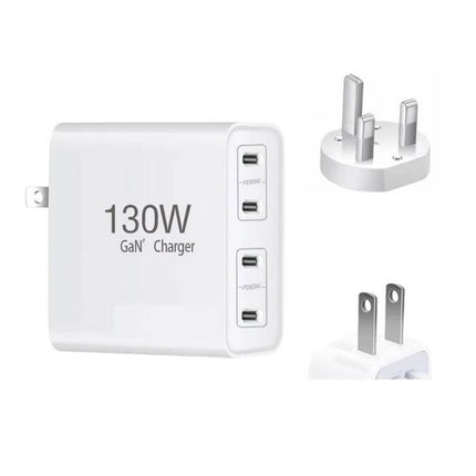 Versatile 4-Port USB-C Charger for Notebooks and Devices white 130W GaN charger with interchangeable plugs and three USB‑C ports