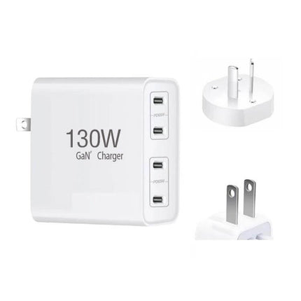 Versatile 4-Port USB-C Charger for Notebooks and Devices white 130W GaN charger with three USB-C ports and interchangeable plugs