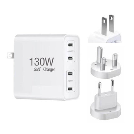 Versatile 4-Port USB-C Charger for Notebooks and Devices white 130W GaN charger with multiple plug adapters
