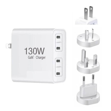 Versatile 4-Port USB-C Charger for Notebooks and Devices white 130W GaN charger with four USB-C ports and international plug adapters