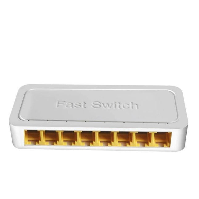 8-Port Gigabit Ethernet Switch for Home Networks white 8-port RJ45 desktop switch with yellow ports