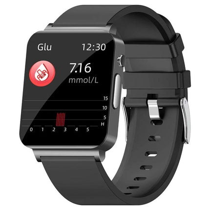 Wearable Health Monitor for Daily Activities and Fitness Tracking - black smartwatch showing glucose 7.16 mmol/L and heart/activity metrics