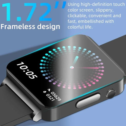 Wearable Health Monitor for Daily Activities and Fitness Tracking square smart watch with 1.72" frameless color touchscreen showing heart and activity metrics