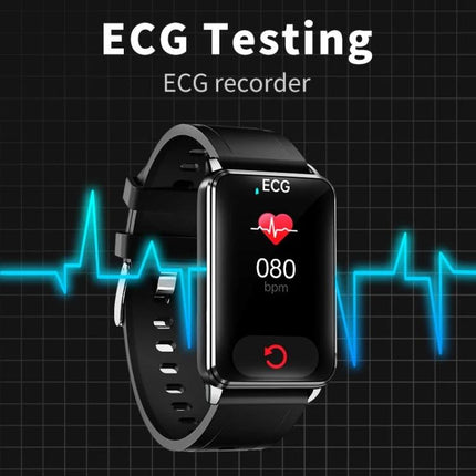 A Practical Wrist Wearable for Everyday Health Awareness - black smartwatch showing ECG 080 bpm and heart icon
