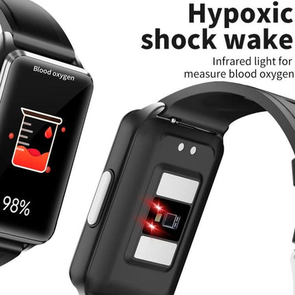 A Practical Wrist Wearable for Everyday Health Awareness showing blood oxygen readout and rear sensor with infrared lights